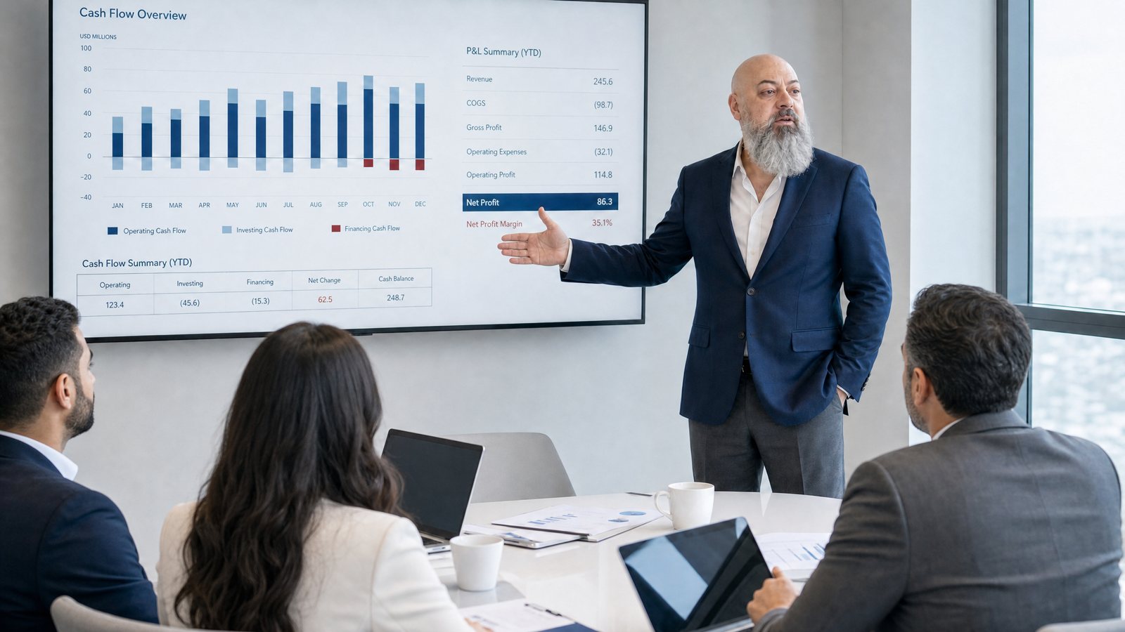 Maher Akiki presenting financial results to a client