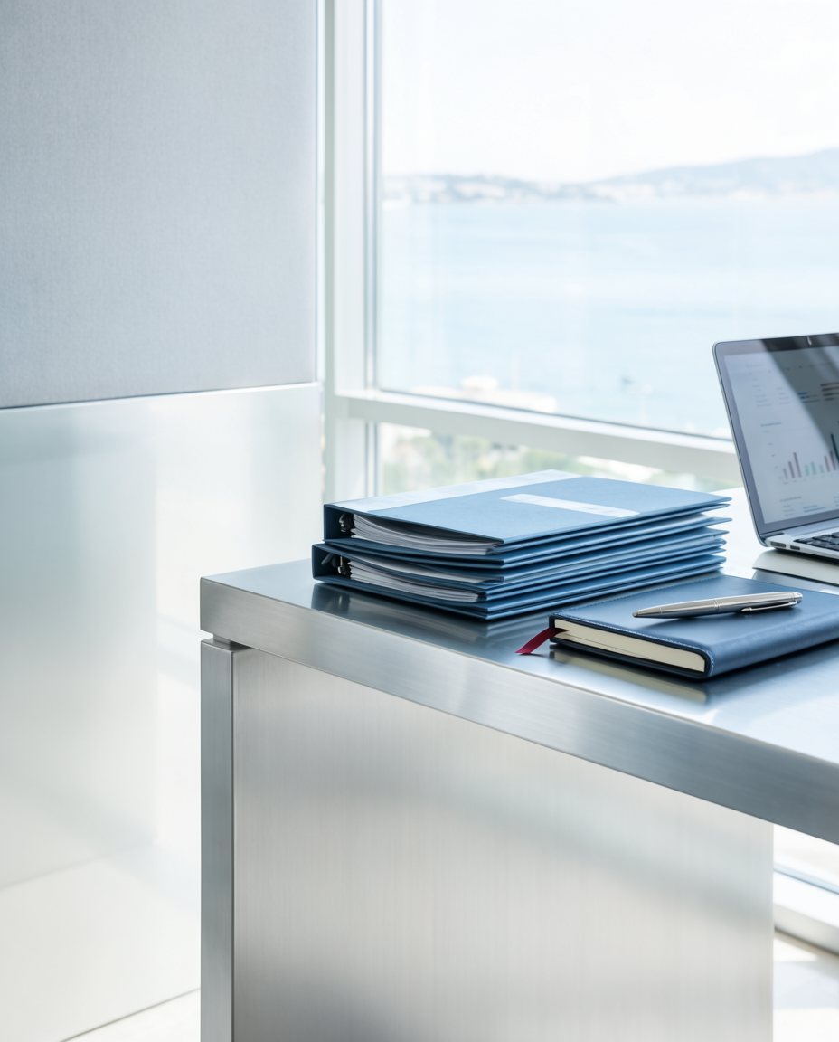 Finance office desk overlooking the bay